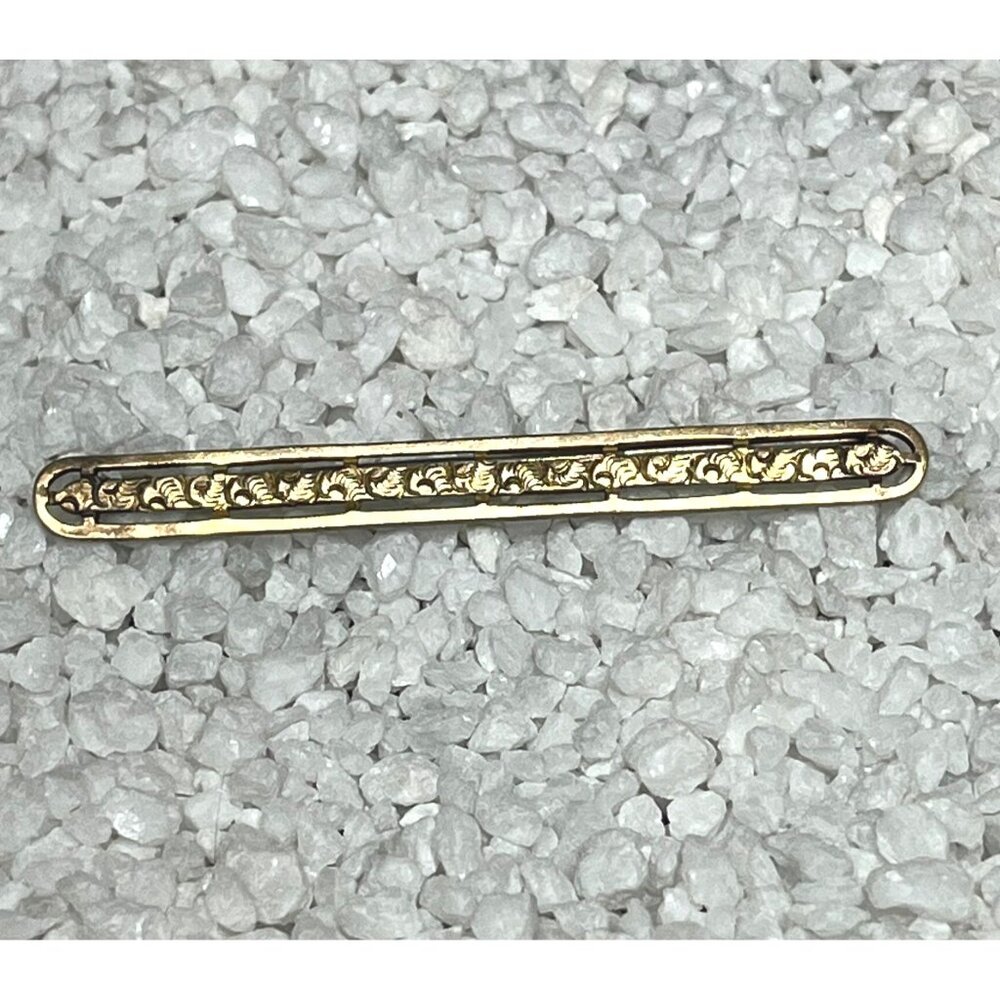 Antique Victorian Gold-Tone Bar Baguette Pin Brooch Intricate Floral Design